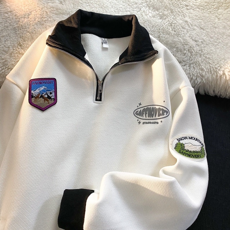 Áo sweater nam nữ dáng polo cổ tay áo phối hoạ tiết hình thêu