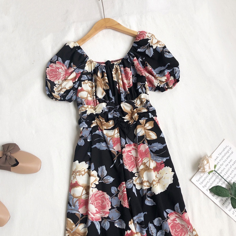 Bộ Áo Liền Quần Tay Ngắn Phồng In Hoa Kiểu Boho Cổ Điển Dễ Thương Cho Nữ