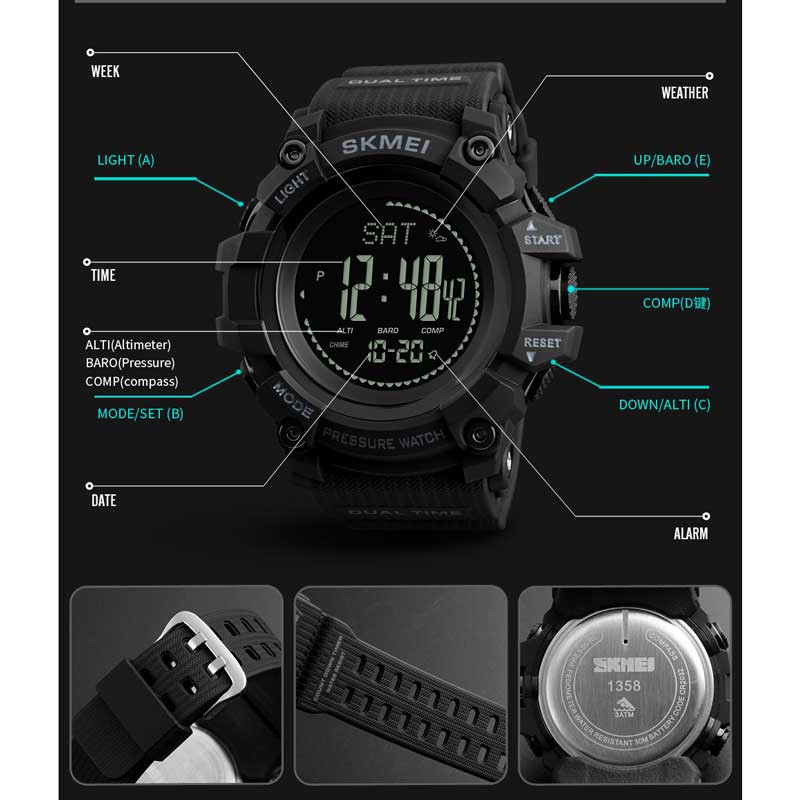 Đồng Hồ Điện Tử Thể Thao SKMEI 1358 Có La Bàn Và Màn Hình LED Hiển Thị Nhiệt Độ Calories Dành Cho Nam