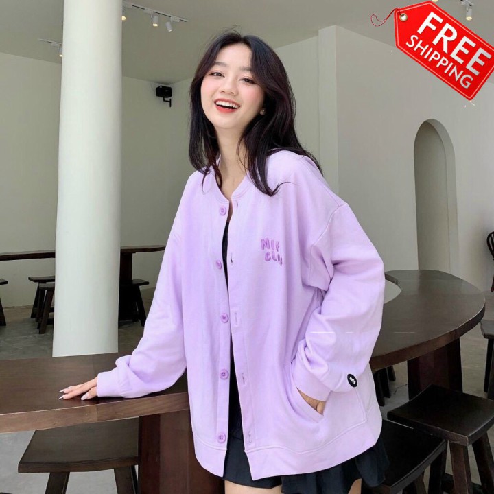 Áo khoác nữ cadigan form rộng Khóa Dây cài Chất Liệu Thun NỈ Ngoại in mì club
