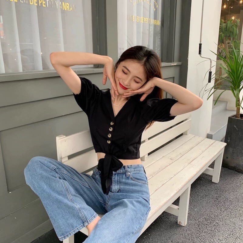 ÁO CROPTOP TAY CHUN ĐŨI THẮT NƠ TRƯỚC XINH XẮN | BigBuy360 - bigbuy360.vn