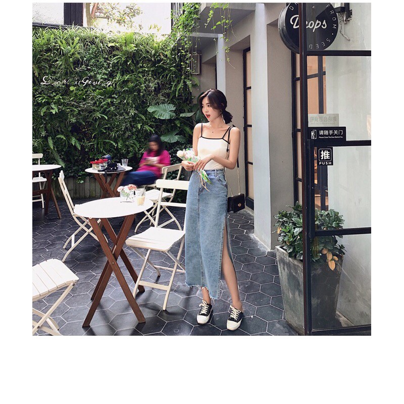 SẴN - Chân váy jean/ bò xẻ tà dáng bút chì