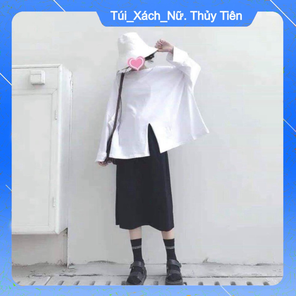 (Giá Gốc) ÁO THUN NỈ NỮ DÀI TAY XẺ VẠT ĐEN TRẮNG FORM RỘNG ULZZANG - (Sp sẵn) -👗TTshop👑