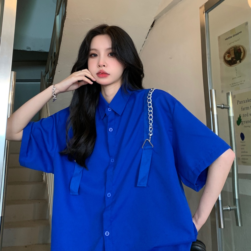 SUXI Áo Sơ Mi Tay Ngắn Dáng Rộng Màu Sắc Đơn Giản Thời Trang Mùa Hè Cho Nam Và Nữ