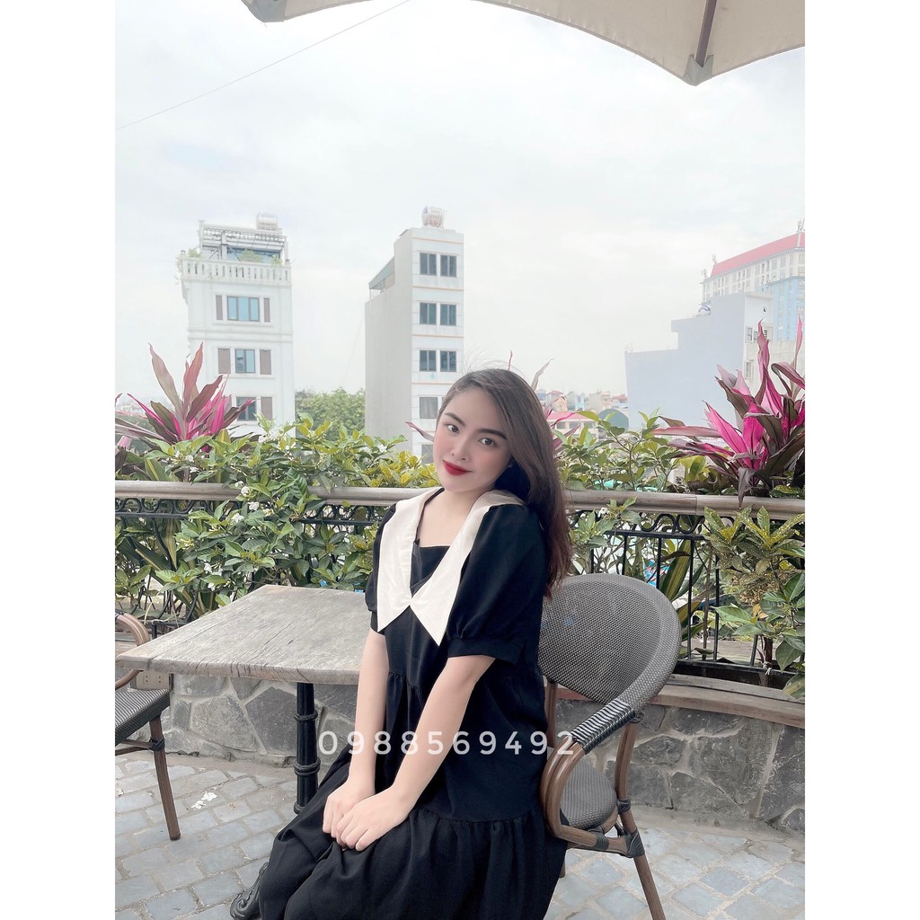 Váy bầu bigsize -Đầm bầu thiết kế GuMe màu đen 3 Tầng Phối Cổ Be Tam Giác chất vải sạn lụa size từ 40-100kg MB222