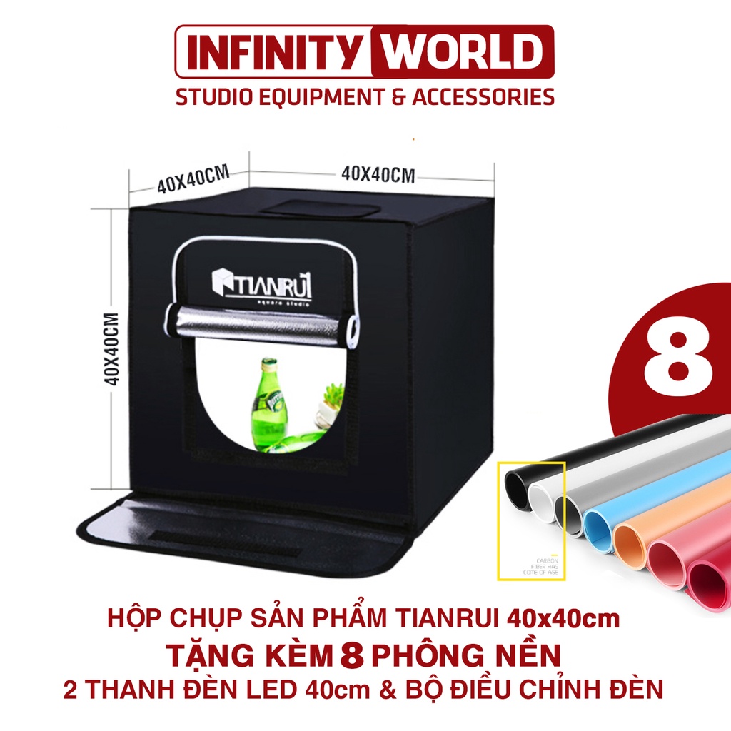 (Tặng kèm 8 phông nền) Hộp đèn chụp ảnh sản phẩm chuyên nghiệp TIANRUI 45x45cm (Đã gồm 2 LED Và DIM điều chỉnh độ sáng)