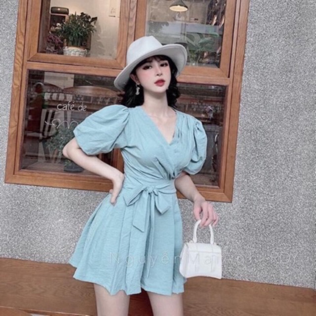 JUM CỔ V TAY BỒNG NƠ EO