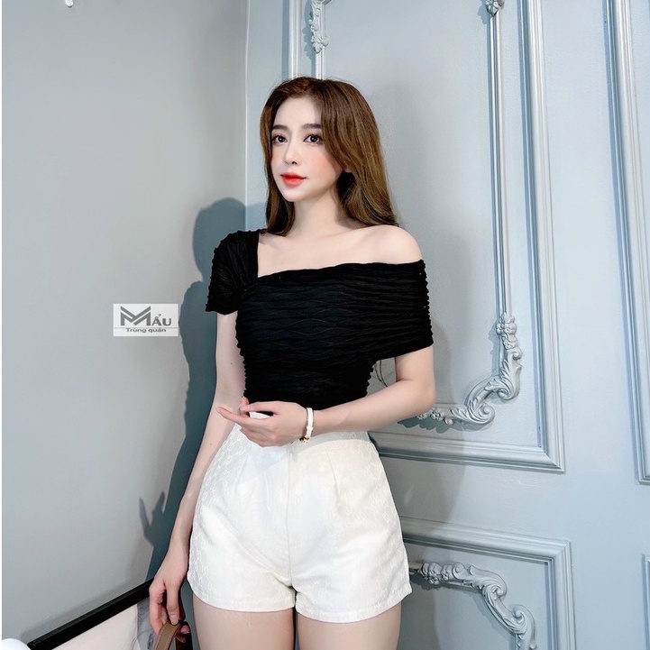 Áo lệch vai xốp nhăn gân sóng cao cấp áo kiểu nữ cá tính sexy LD657