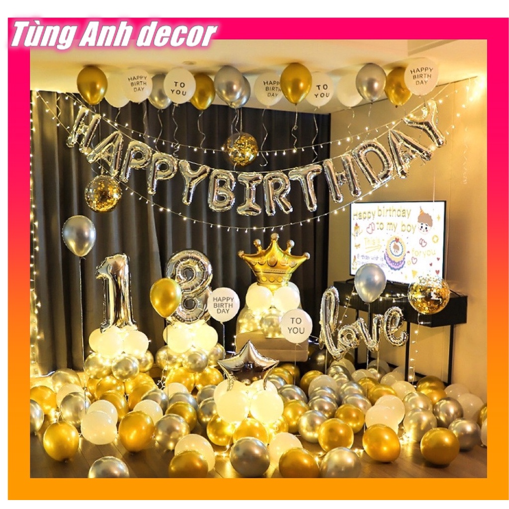 Combo bóng bay trang trí sinh nhật HN55 Tông Vàng Tặng Đèn Led 5 Mét Siêu Xịn
