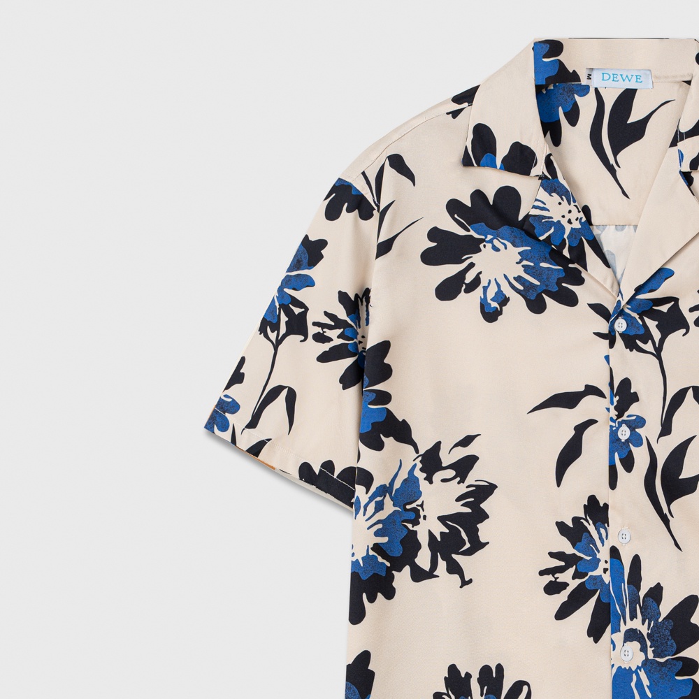 Áo sơ mi ngắn tay DEWE, vải lụa chéo nhập khẩu chống nhắn thoáng mát, hoạ tiết Hoa Đen - DEWE Cuban Shirt