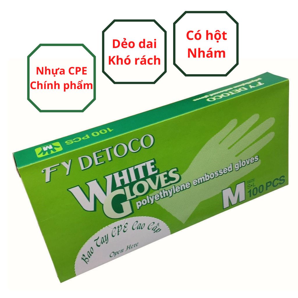 Găng tay thực phẩm, găng tay làm bếp DETCOC, nấu ăn, rửa chén, nhựa CPE, size S, M, hộp 100 cái.