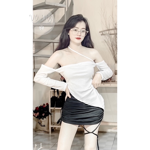 Set áo tay dài chéo dây phối chân váy rút