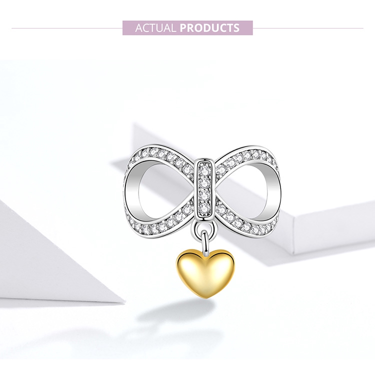 Hạt phụ kiện hiệu Bamoer SCC1300 chất liệu bạc 925 hình trái tim phối nơ dùng làm vòng tay DIY