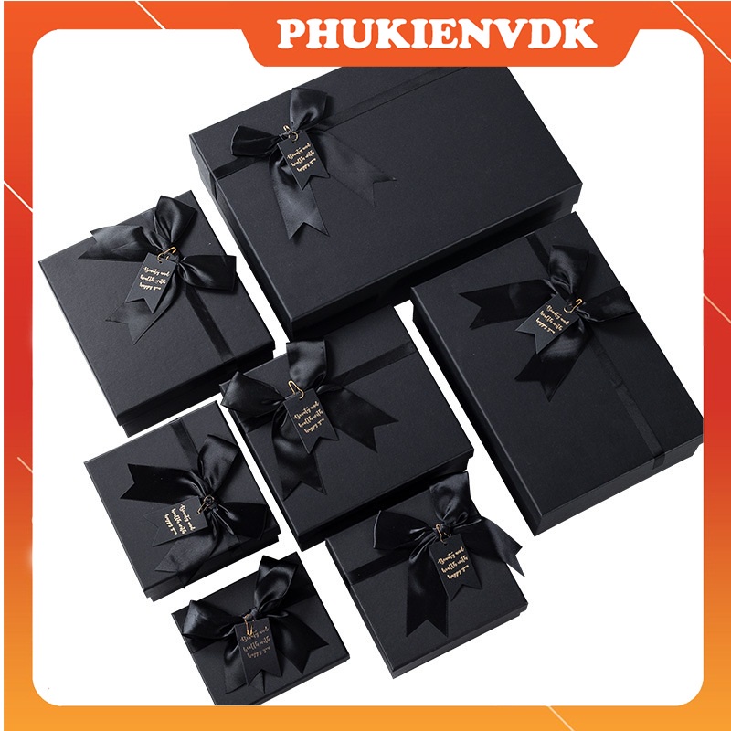 Hộp quà tặng hộp quà sinh nhật gắn nơ màu đen size to cao cấp