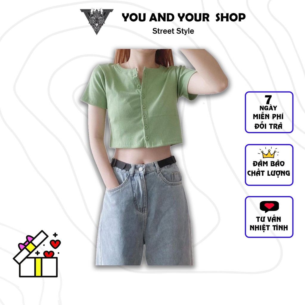 Áo Croptop YAYSHOP phong cách Hàn quốc chất thun gân mềm mát họa tiết Nút tay Ngắn cực xinh xắn