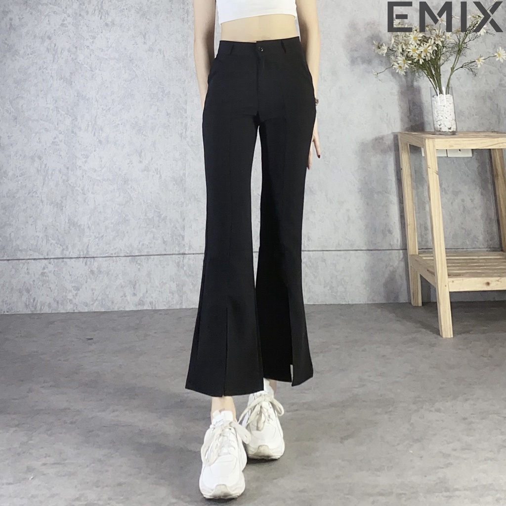 Quần tây công sở ống loe xẻ trước EMIX (màu đen), dáng dài 92cm, khóa giữa, có túi, chất tuyết mưa mềm mịn, chuẩn đẹp