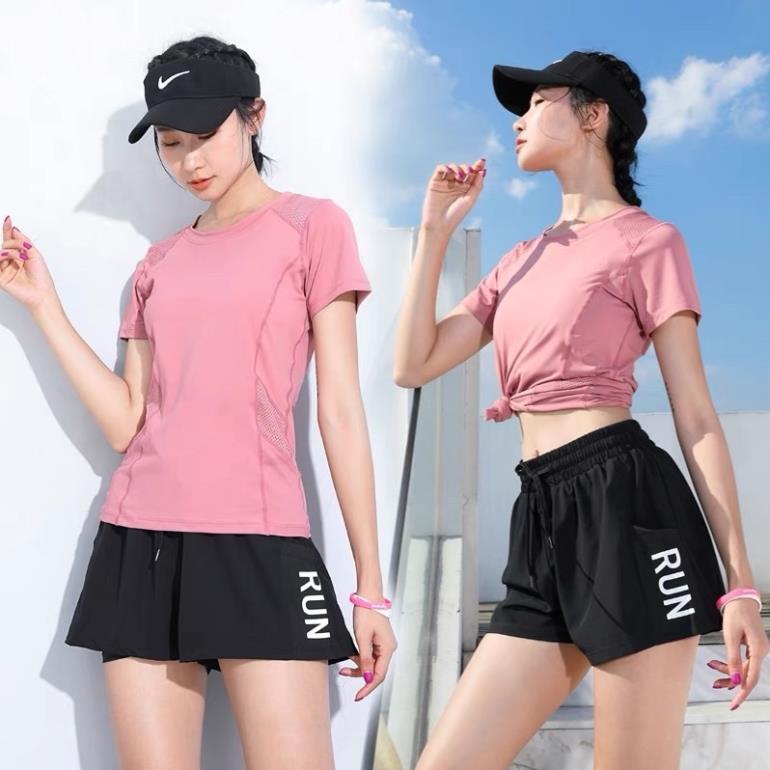 ĐỒ TẬP GYM NỮ, BỘ SHORT RUN 2 LỚP CÓ TÚI + ÁO THUN CỘC TAY SIÊU ĐẸP(VN) ⚠️