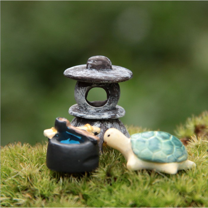 Combo mô hình rùa nhỏ, tháp đá và giếng nhỏ trang trí tiểu cảnh phong cách Nhật Bản, bonsai, DIY