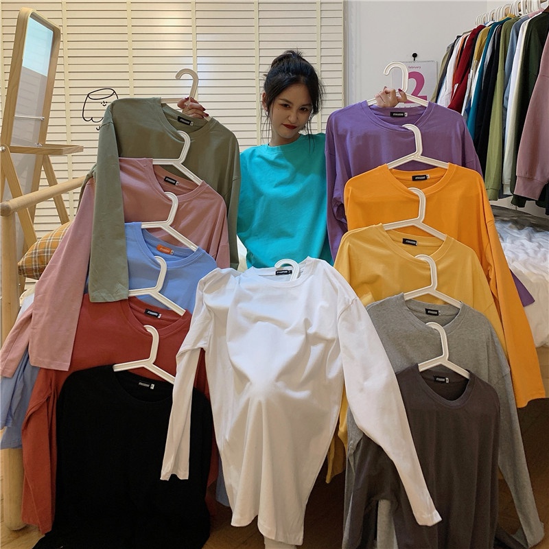 SUXI Áo Thun Nữ Tay Dài Dáng Rộng Phong Cách Hàn Quốc