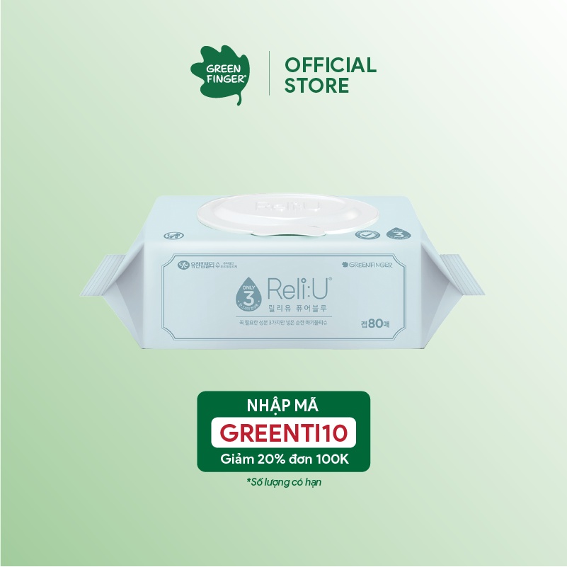 Khăn Giấy Ướt Cao Cấp Hàn Quốc GREENFINGER RELI:U PURE BLUE WIPES 80 tờ/ túi màu Xanh Da Trời (261g)