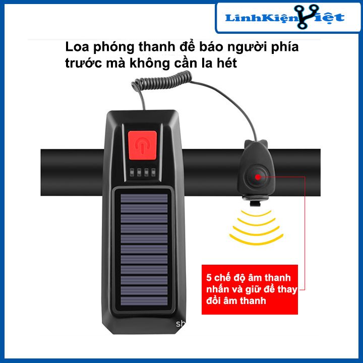 Đèn pin gắn xe đạp năng lượng mặt trời 3 chế độ chống thấm nước có đèn báo nguồn điện