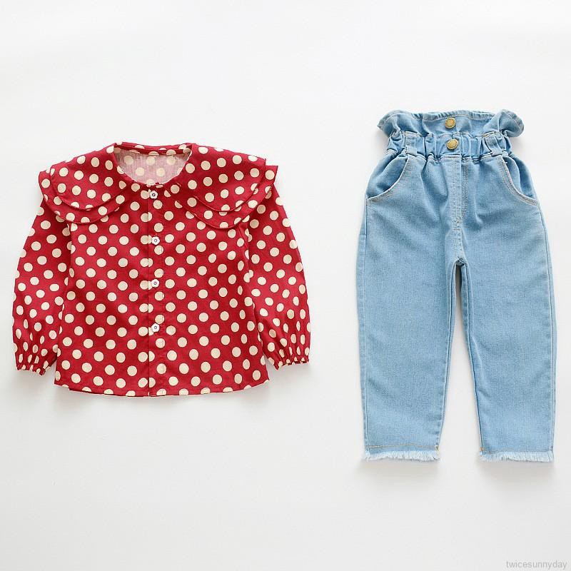 Set áo chấm bi dài tay cổ tròn + Quần jeans dài lưng cao thời trang cho bé gái