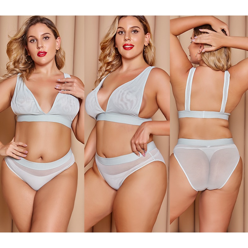 Bộ đồ lót vải lưới trong suốt cổ chữ V khoét sâu gợi cảm cho nữ kích thước s-2xl