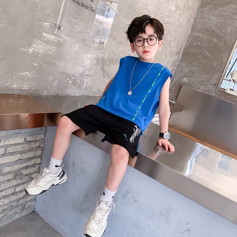 Đồ bộ bé trai Con Xinh cotton sát nách mùa hè họa tiết chữ dọc Play,quần áo dành cho trẻ em từ 14 đến 45kg