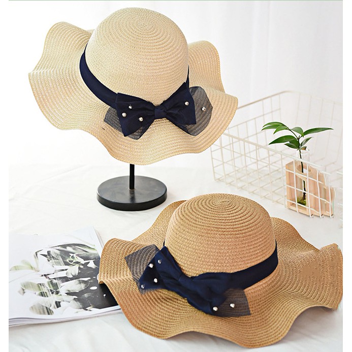 Nón đi biển lượn sóng thắt nơ lưới cói mềm gấp không bị mất dáng
