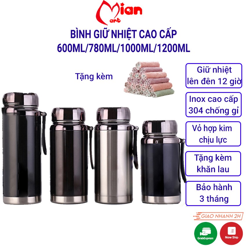 Bình nước giữ nhiệt inox MIAN MART - Dung tích 600/780/1000/1200ML INOX cao cấp - BH 01 năm tặng kèm khăn lau siêu thấm