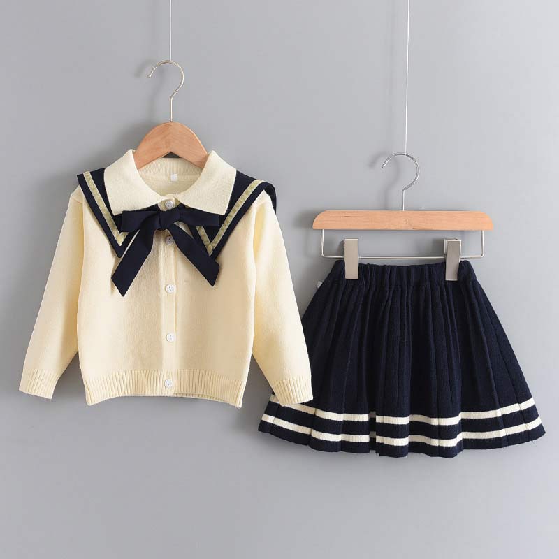 BEAR LEADER Bộ Áo Sweater Dệt Kim Đính Nơ + Chân Váy Dệt Kim Thời Trang Cho Bé Gái 2-6 Tuổi