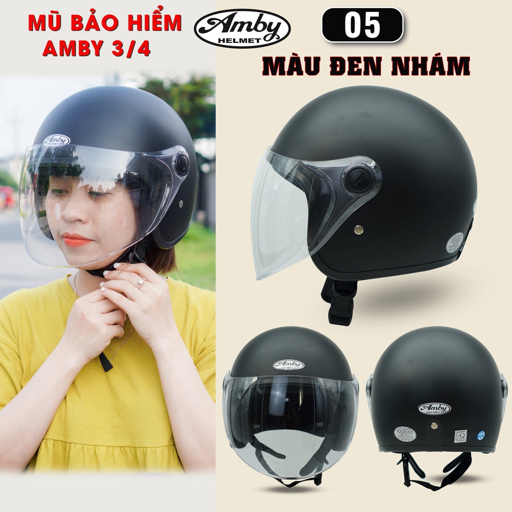 Mũ Bảo Hiểm 3/4 đầu Amby Helmet có kính dài che cả mặt, kiểu dáng thời trang cho nam và nữ - Nhiều màu