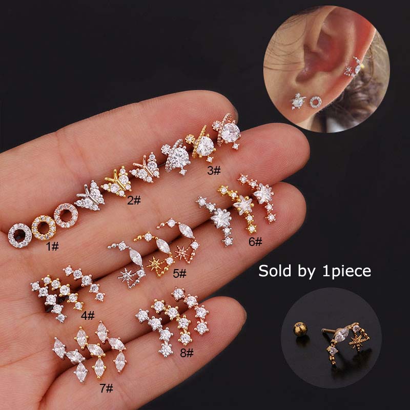 Hoa tai thép không gỉ hình bướm đầu xoắn xỏ khuyên cỡ 20g bằng Đồng với đá Zircon thời trang