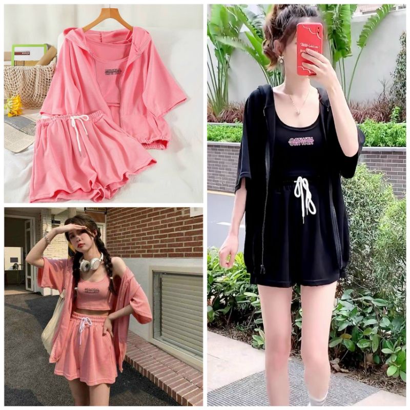 Set 3 món Nieyo gồm áo ba lỗ croptop, quần đùi ống rộng và áo khoác tay lỡ có nón