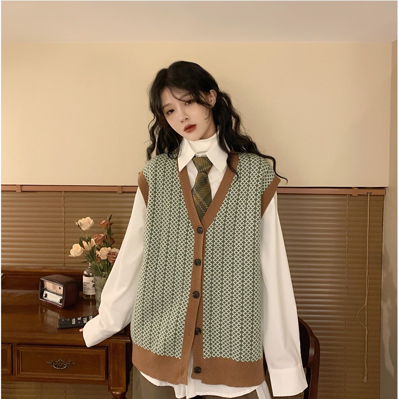 Áo khoác len cổ chữ V không tay phong cách retro cho nữ | BigBuy360 - bigbuy360.vn