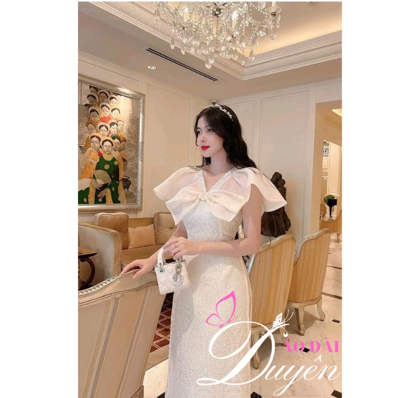 Áo dài cách tân vải ren cổ kết nơ siêu đẹp hàng thiết kế