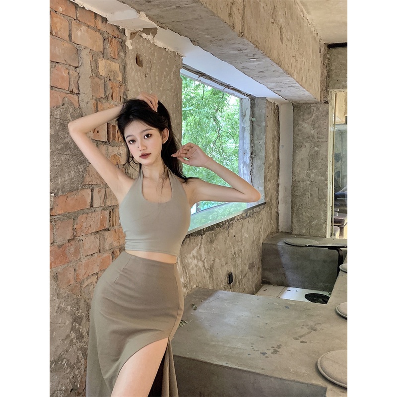 Cocory vn Set Áo Hai Dây + Chân Váy Xẻ Tà Lưng Cao Thời Trang Quyến Rũ Cho Nữ