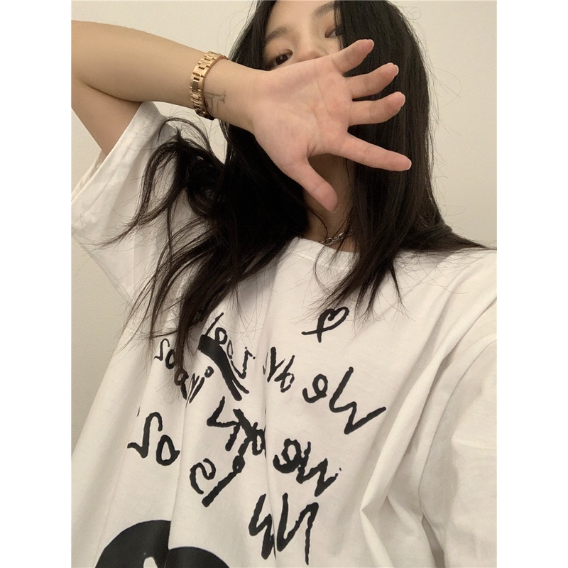 Áo Thun Cotton Cổ Tròn Ngắn Tay Dáng Rộng In Hình Trái Tim Thời Trang Cá Tính 49903