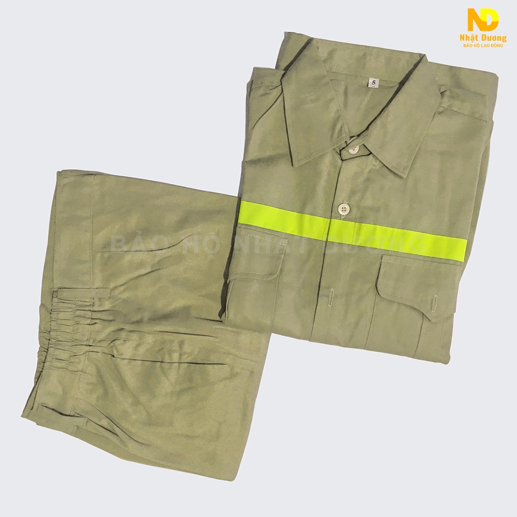 Quần áo lao động nam màu ghi vải kaki 2/1 bền chắc ND03, Đồ bảo hộ lao động Nhật Dương áo phản quang công nhân