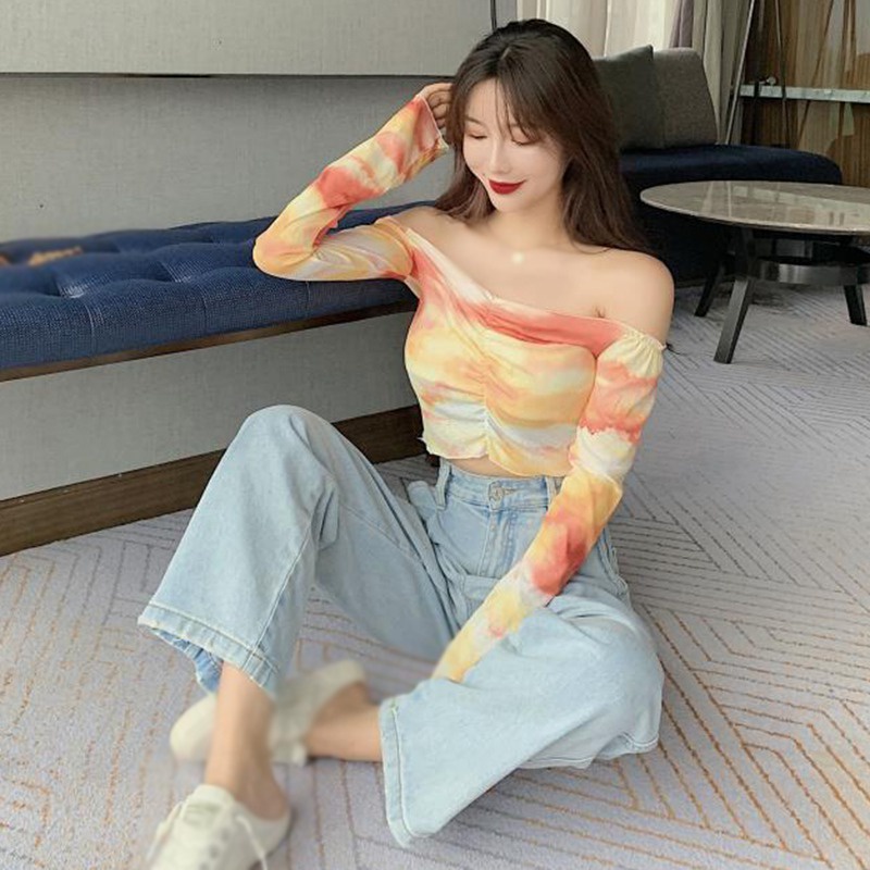 Áo Thun Tay Ngắn Trễ Vai Nhuộm Màu Dáng Ôm Phong Cách Hàn Quốc Quyến Rũ