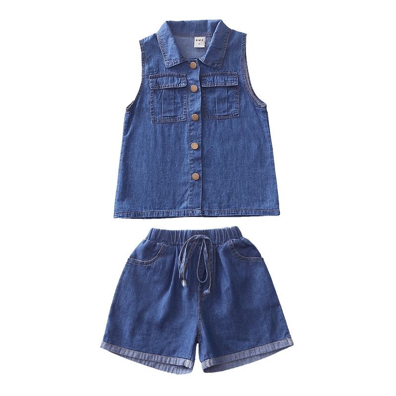 Set áo không tay + quần short denim IQ ANGEL năng động thời trang cho bé gái