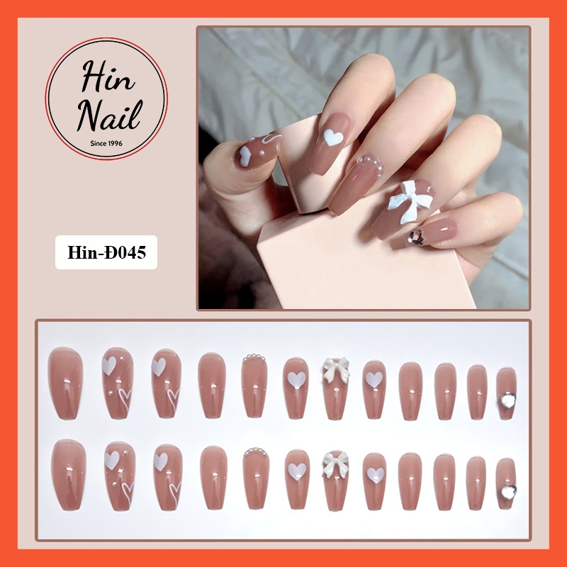 móng giả đính đá Hin Nail nơ trắng trái tim nữ tính