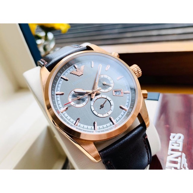 Đồng Hồ Emporio Armani Chính Hãng Nam AR6005 Sportivo Chronograph Gunmetal Dial Brown Leather Strap 