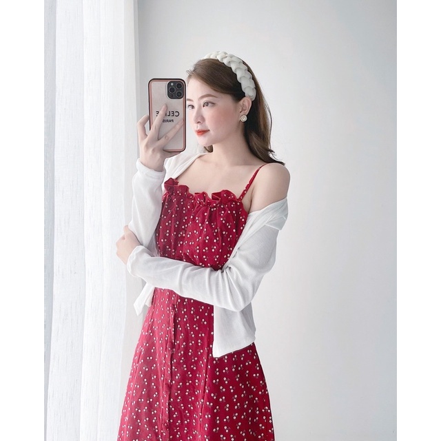 Đầm hoa nhí đỏ kèm áo khoác Cardigan | BigBuy360 - bigbuy360.vn
