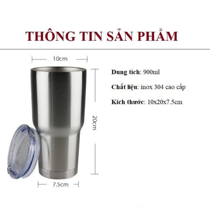 Ly Giữ Nhiệt Thái Lan 900ml MÀU BẠC- Tặng Kèm Ống Hút Inox + Túi Giữ Nhiệt + Nắp Chống Tràn Tiện Dụng