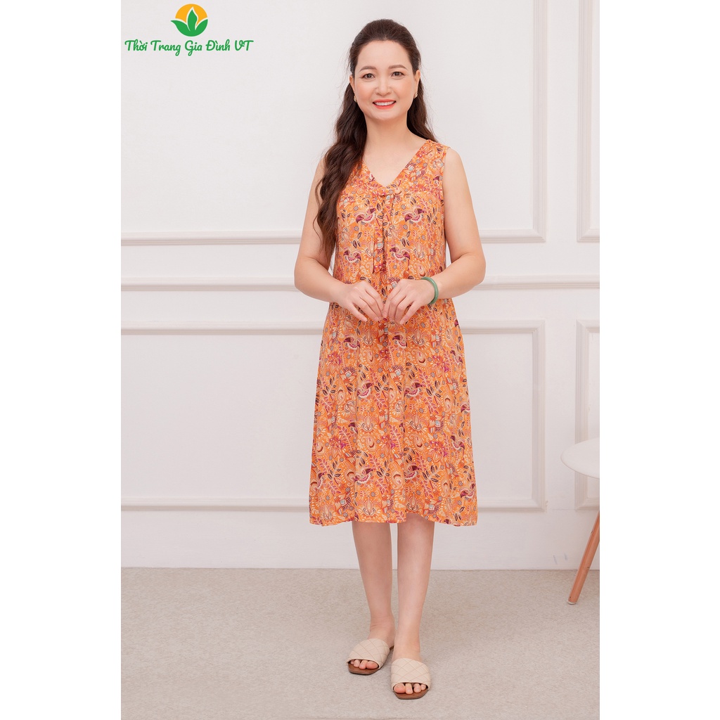 Đầm váy họa tiết nữ Việt Thắng xuân hè sát nách chất lanh (tole) - V02.2208