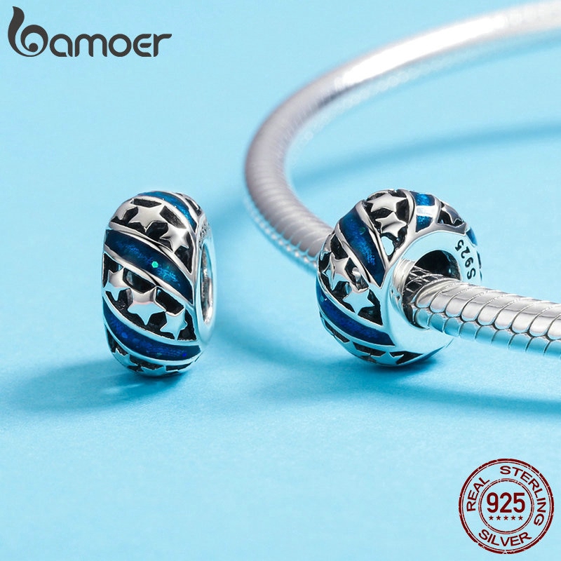 Hạt Trang Sức Bamoer Làm Từ Bạc S925 Họa Tiết Ngôi Sao Lấp Lánh Phối Đá Màu Xanh Dương Đẹp Mắt Thời Trang