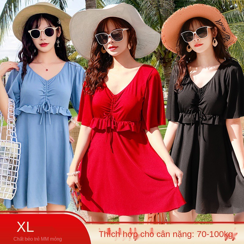 ♟☌□Áo tắm nữ Bai Ya plus size 200 catties suối nước nóng chất béo mm solid color ngực to váy một mảnh kiểu đồ bơi