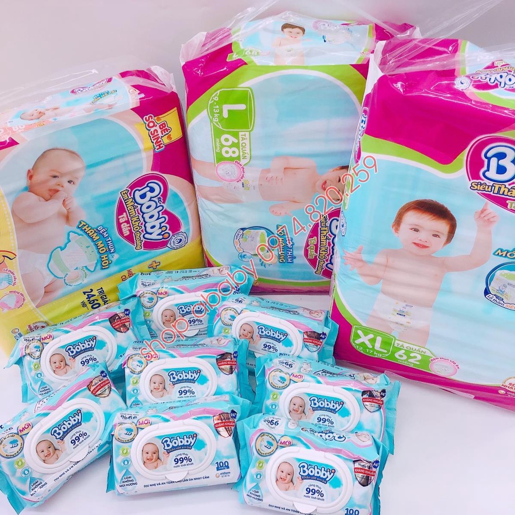 Tã / Bỉm Bobby Dán /Quần Đủ Size Cho Bé Từ Sơ Sinh NB108/S80/M76/ L68/ XL62/XXL56/XXXL34