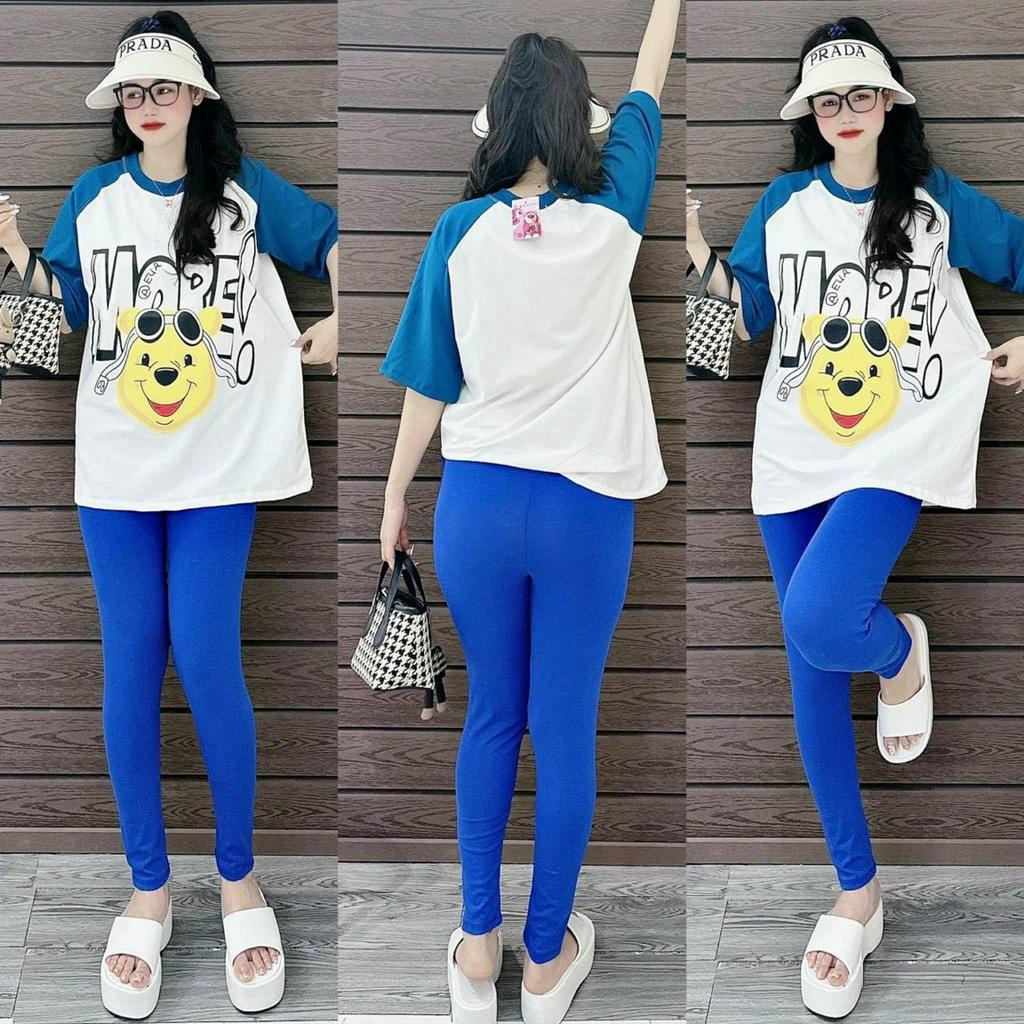 Sét Bộ Aó Thun From Rộng In Gấu Tay Phối Kèm Quần Legging Ôm Co Dãn Mặc Thoải Mái Năng Động